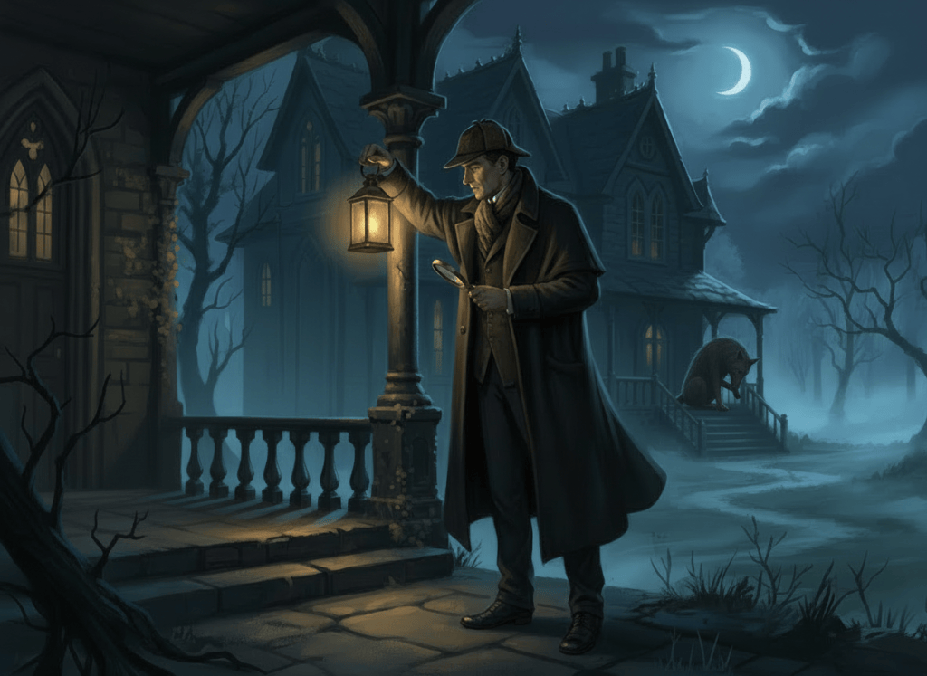 Edit the existing nighttime Sherlock Holmes investigation illustration. Remove both hounds in the foreground completely. Keep only the single large hound that is farther away on the porch in the background, preserving its position and the rest of the scene. The remaining hound is simply grooming itself naturally; do not add any other dogs.