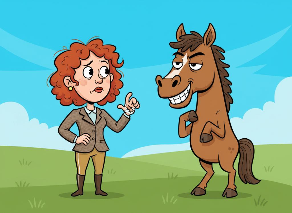 A humorous cartoon illustration of a woman holding her injured hand after being lightly bitten by her horse. The horse stands nearby with an exaggerated smug, self-satisfied expression. Keep the injury non-graphic and suitable for a playful editorial or blog post: expressive faces, comic timing, bright but slightly quirky colors, clean polished cartoon linework, and an overall lighthearted tone. No text, no gore.