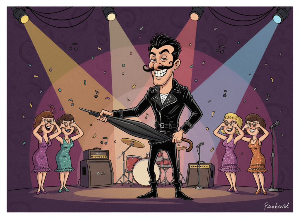 A humorous cartoon illustration of a rock musician wearing a black leather jacket and tight black leather trousers, standing on stage and theatrically pulling a closed umbrella halfway out of his trousers. The umbrella has a long, thick, straight handle. Several amused women around him cover their eyes with their hands while peeking through their fingers. Keep the scene clearly comic and non-explicit, with exaggerated expressions, playful stage lighting, and a mischievous vaudeville-style sense of humour.