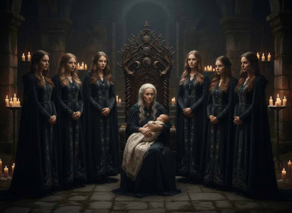 A photorealistic, atmospheric fantasy scene of a witches' circle in a shadowy ancient stone chamber lit by warm candlelight. Six beautiful adult maidens and five beautiful older adult mothers stand in a respectful circle around an ornate dark wooden witches' throne. An elderly crone sits in the throne at the center, holding a small baby girl safely and tenderly in her arms, looking down at the baby with deeply loving, protective eyes. The women wear elegant, modest, historically inspired dark robes with subtle mystical details. The mood is gothic, maternal, solemn, and magical, with realistic faces, natural anatomy, cinematic lighting, rich textures, and no nudity, gore, or sexualized minors. Compose the group clearly so all twelve adults and the baby are visible.