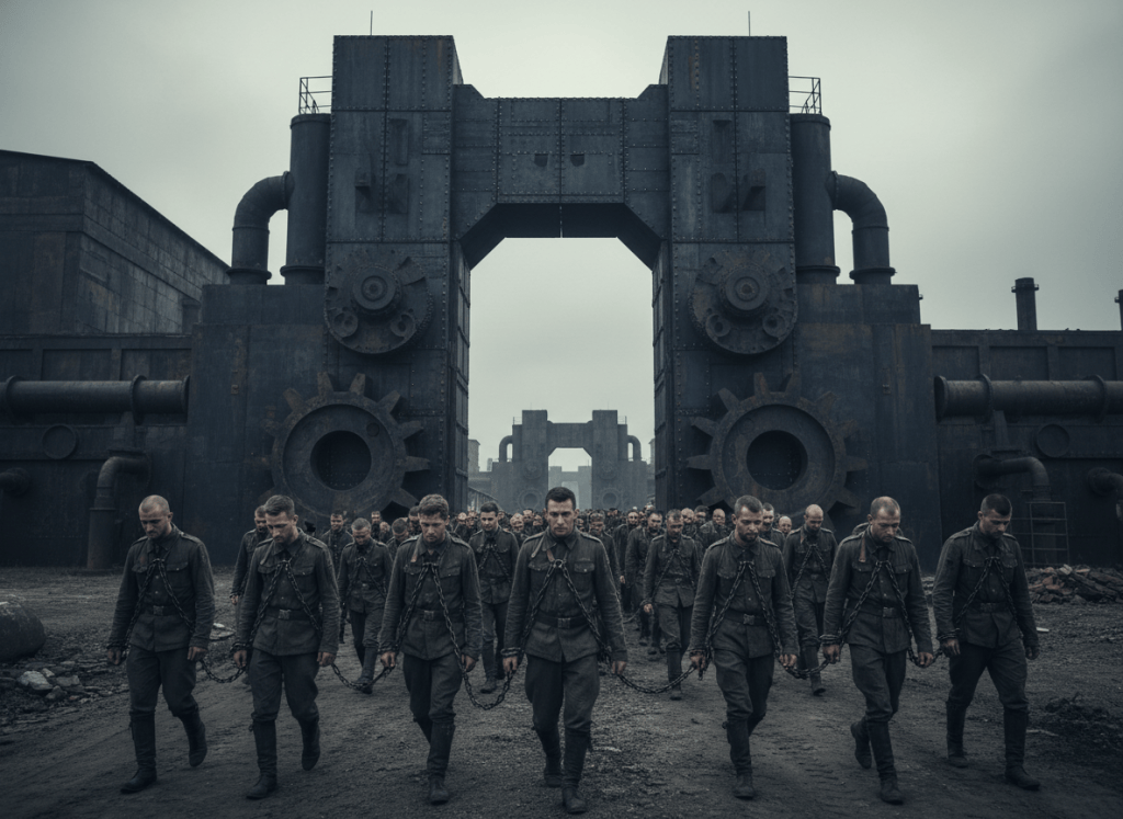 A photorealistic, solemn historical scene of hundreds of exhausted soldiers held as prisoners of war, connected by heavy chains and marching in a long formation through a monumental large black metal gate. Overcast sky, stark industrial architecture, muted charcoal and steel tones, documentary realism, cinematic wide composition, no gore, no visible injuries, no text.