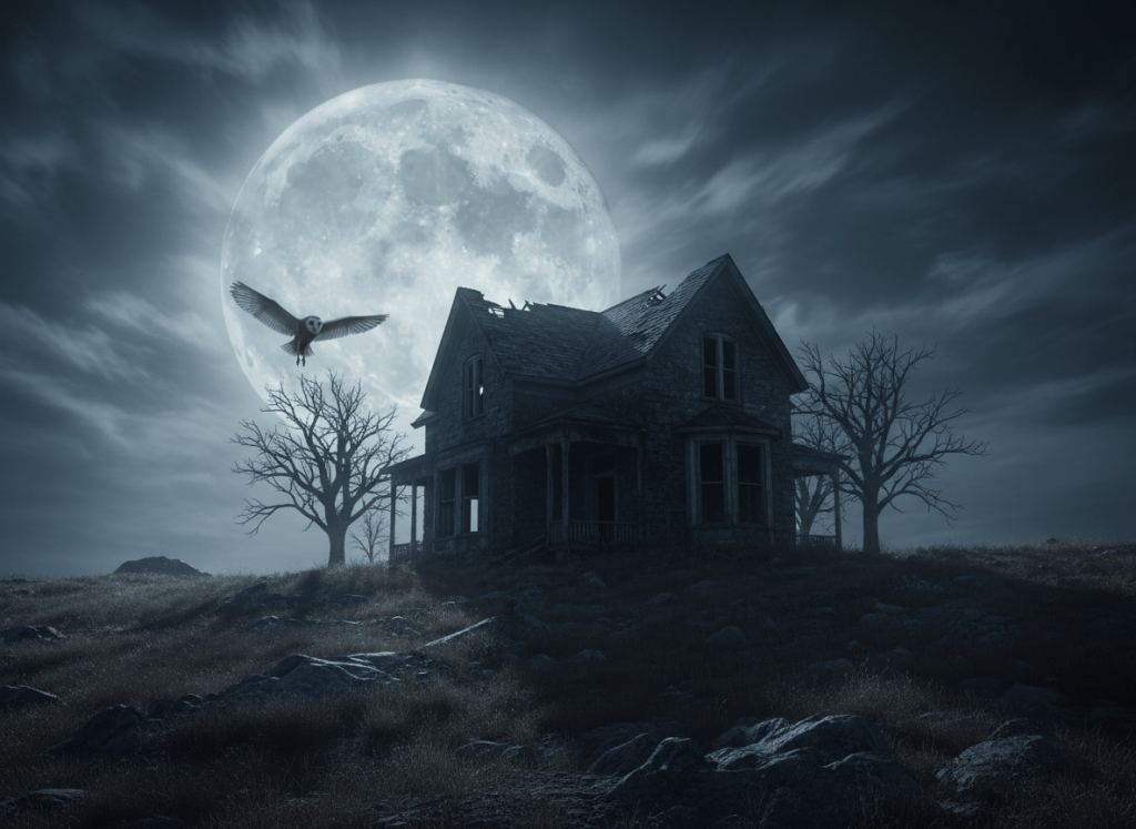 A photorealistic atmospheric scene of an abandoned, weathered house perched on a windswept hill at night. A large luminous moon hangs in the background, casting cold silver light across the landscape, while a single owl flies past the house. Gothic, eerie, cinematic composition, realistic textures, natural moonlight, no people, no text.