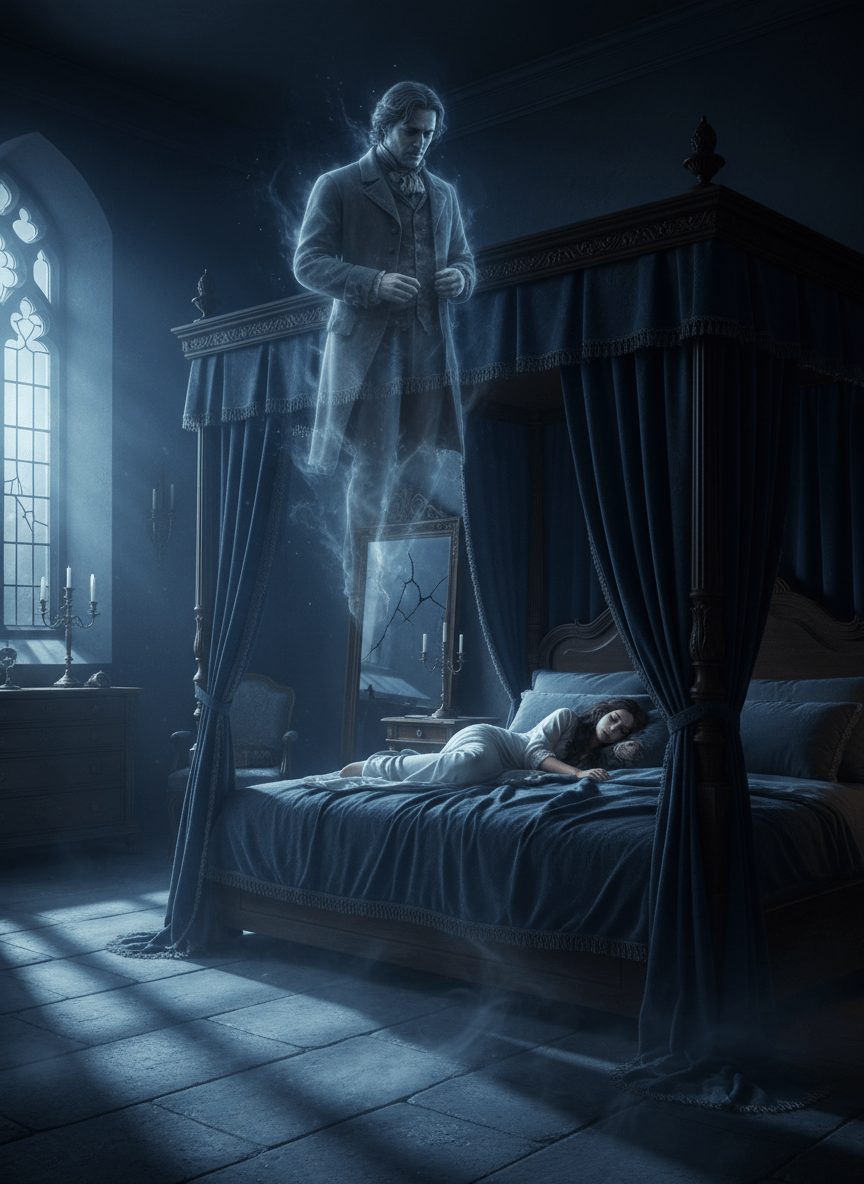 A photorealistic, atmospheric gothic scene at midnight: a beautiful adult woman sleeping peacefully in bed, her long hair spread across the pillow. Above her, floating in the dim midnight air, is the vague translucent outline of her late husband, a spectral masculine figure keeping watch over her. He should appear sorrowful, protective, and ethereal rather than frightening or graphic. Moonlight through a window, deep blue-black shadows, subtle mist, cinematic composition, refined dark poetry mood, realistic textures, no text.