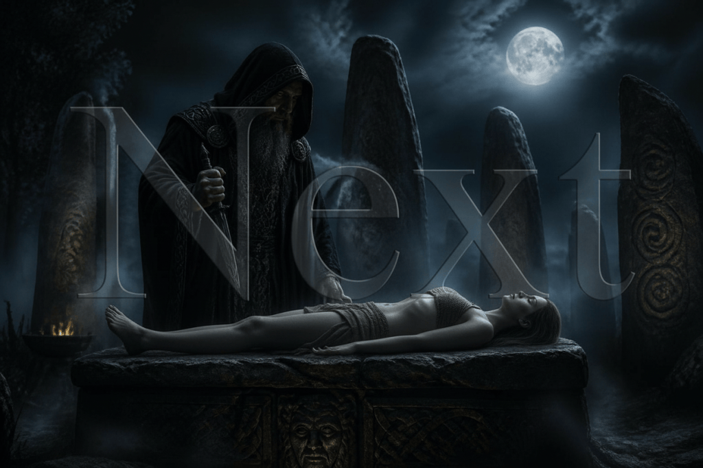 Edit the existing dark, atmospheric Celtic ritual artwork so the figure bound on the altar is clearly female. Preserve the Celtic druid, black knife, gloomy cinematic lighting, altar, composition, and translucent title text “Next.” Keep the scene non-graphic and avoid visible wounds or gore.