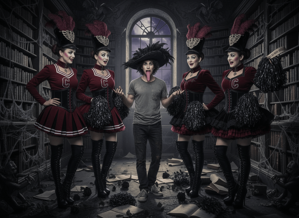 Edit the existing surreal, non-explicit photorealistic artwork. Dress the clearly adult cheerleaders in American football cheerleader uniforms, with coordinated skirts and tops, while preserving their amazed, intrigued expressions. Change the man's clothing to simple, plain everyday clothes. Shorten his tongue so it extends only to the top of his chest. Keep the same composition, lighting, and surreal tone. No nudity or explicit sexual content.