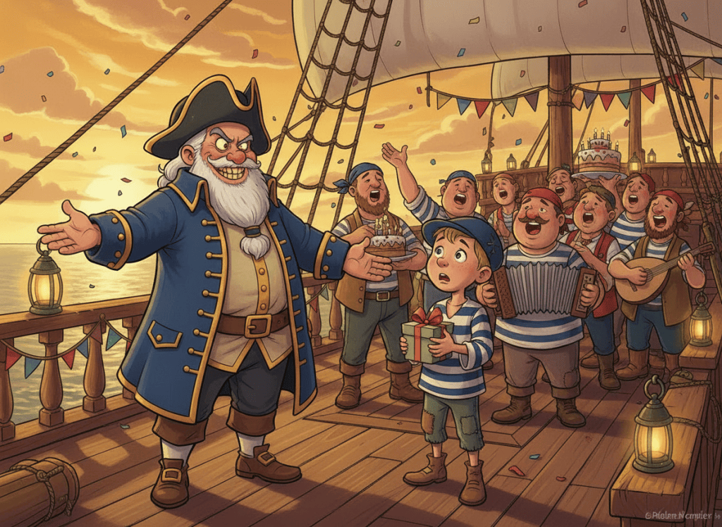 Edit the existing cartoon image while preserving the scene and composition: a ship's captain faces his new cabin boy on the quarterdeck. The captain must NOT be singing; make his facial expression distinctly sinister, menacing, and unsettling rather than delighted. Keep the cabin boy nervous. In the background, the crew continue singing Happy Birthday. Cartoon illustration style.