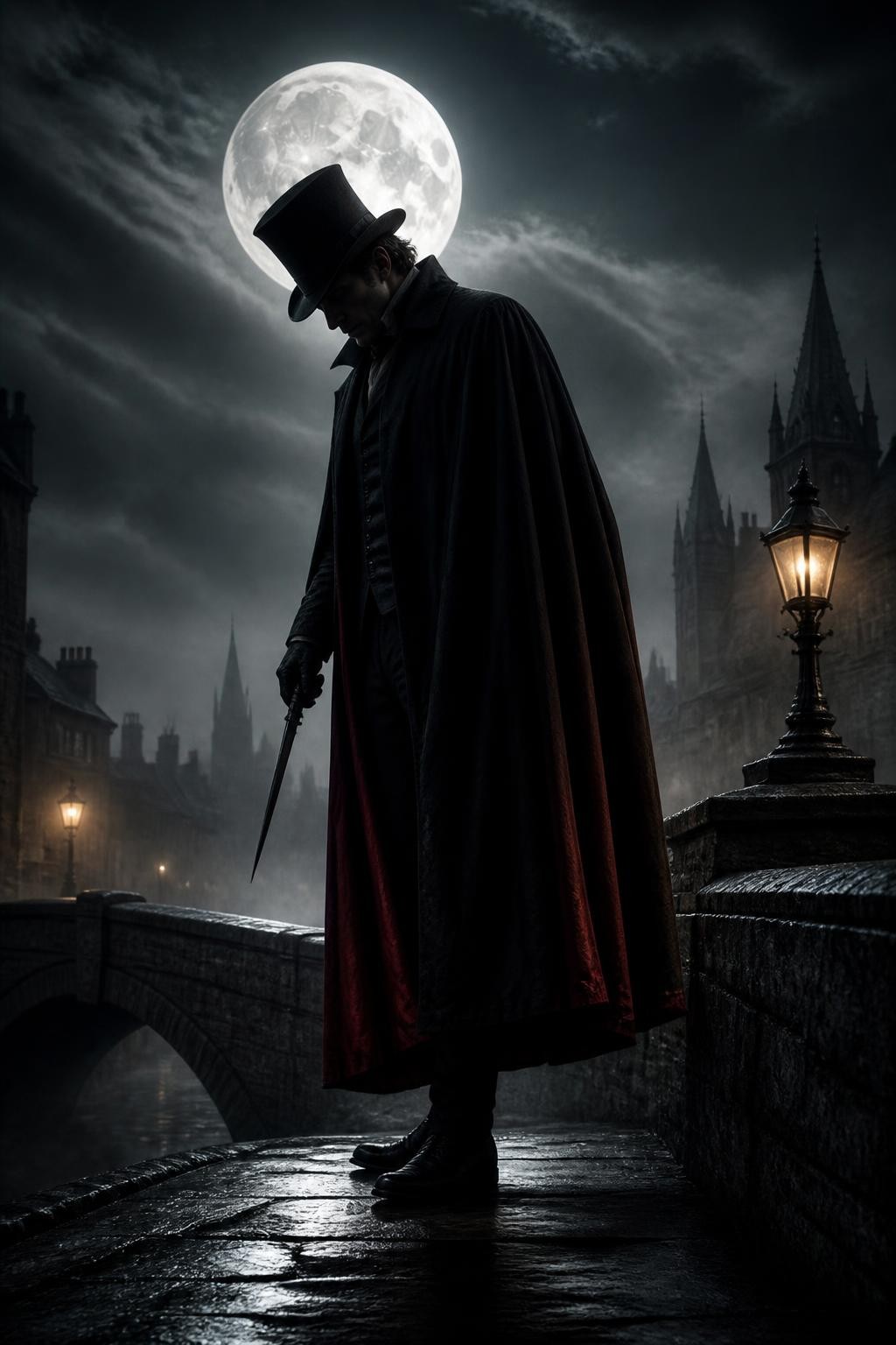 A photorealistic gothic scene: a gentleman in Victorian clothes wearing a cape with a vivid red lining and a tall cylindrical top hat, stooped on a low bridge. The full moon behind him casts him into dramatic silhouette. He is brandishing a long black knife. Moody nocturnal atmosphere, cinematic moonlight, mist, detailed period clothing, high realism, dark gothic aesthetic.