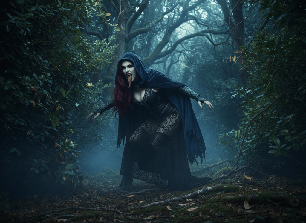 Edit the existing photorealistic image of a female vampire softly prowling through woodland bushes at night. Keep her face, crouched prowling pose, open mouth with long teeth and snake-like tongue, the bodice, the boots, the woods, lighting, and overall gothic atmosphere unchanged. Replace only the revealing lower outfit with an ankle-length, semi-sheer black lace dress layered tastefully over an opaque underdress so it is elegant rather than sexually provocative. The lace should trail naturally around her legs while clearly retaining the boots. No lingerie, no nudity, no prostitute-like styling.