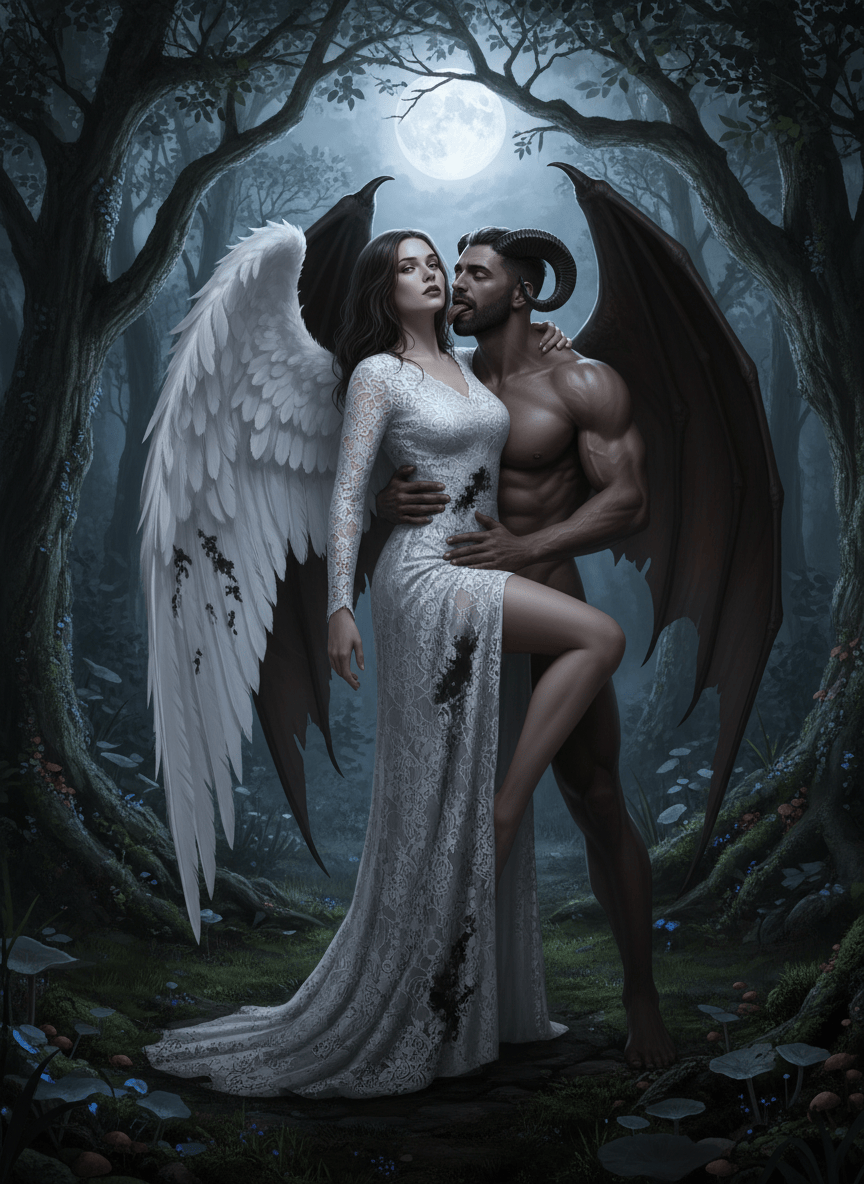 A photorealistic dark-fantasy scene of an adult female angel being seduced by an adult male demon in a moonlit enchanted forest. Her white lace dress is elegant and ankle-length with a tasteful thigh-high split that reveals only an appropriate amount of her legs; small patches of black corruption are beginning to appear in the fabric. Her wings droop sadly. The demon stands behind her, holding her raised right leg gently behind the knee, kissing and lightly licking her neck with a forked tongue while gazing skyward in ecstatic supernatural rapture. Keep the mood gothic, dramatic, and sensual but non-explicit, with both figures fully covered and no exposed breasts or genitals. Cinematic lighting, realistic anatomy, detailed feathers, lace, and forest foliage.