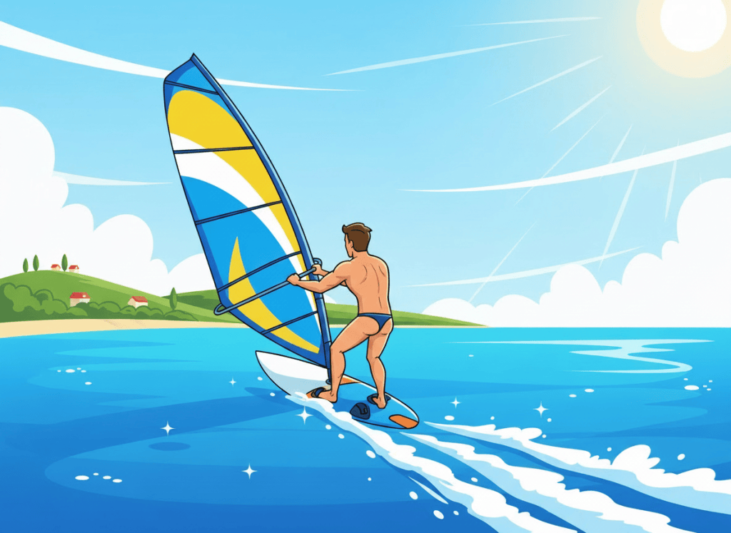 Edit the existing cartoon illustration of an adult man windsurfing across a bay, viewed from behind. Change only his bathing costume to a tasteful, clearly non-explicit thong-style swimsuit that remains suitable for a general-audience cartoon. Keep the windsurfing action, pose, bay, composition, and all other visual elements unchanged.
