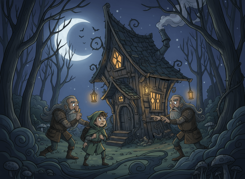 Edit the existing cartoon gothic scene while preserving the same characters, witch's house, clearing, forest setting, and overall art style. Change the action so the two older hunters are crouched and hiding at the edge of the clearing, partially concealed by bushes and trees, while they gesture for and send the younger hunter forward alone toward the witch's house. The young hunter should be clearly several steps ahead in the clearing, looking wary. Keep the scene non-graphic and storybook-like.