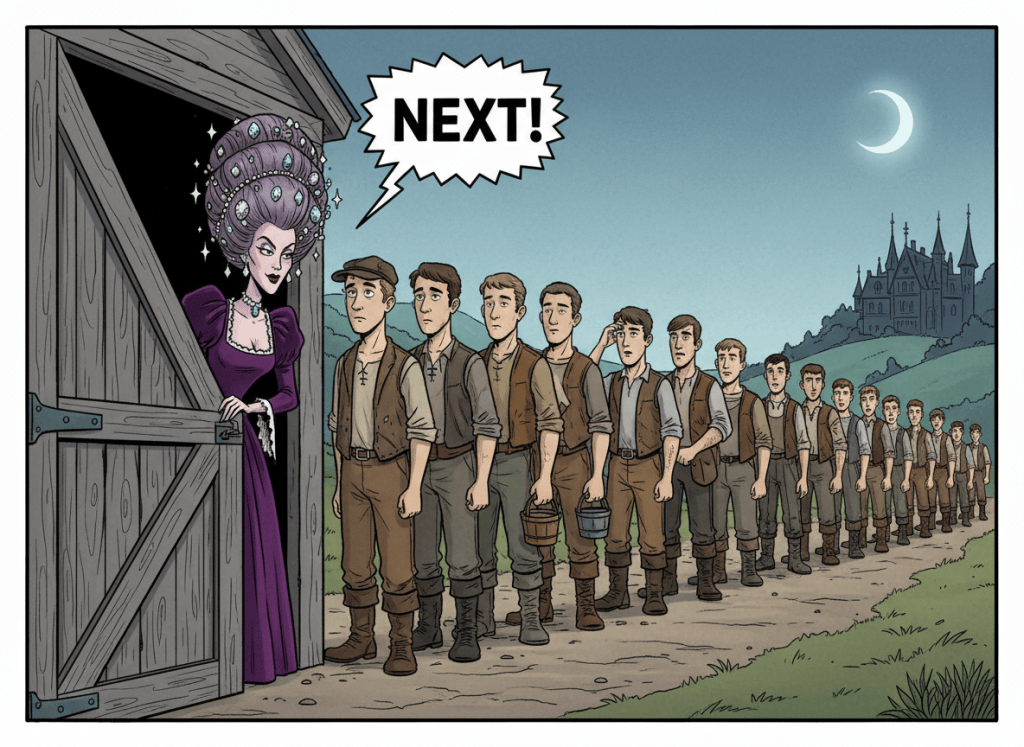 A tasteful cartoon illustration in a darkly humorous gothic storybook style: an open stable door, with a duchess peeking her head around the door. She has piled-up elegant hair and sparkling jewels, wearing refined aristocratic clothing. A clear speech balloon above her contains the single word “NEXT”. Outside the stable is an orderly line of young adult stable workers waiting their turn, fully clothed in practical stable attire. Rural stable setting, expressive faces, comedic composition, no sexual content, no nudity.