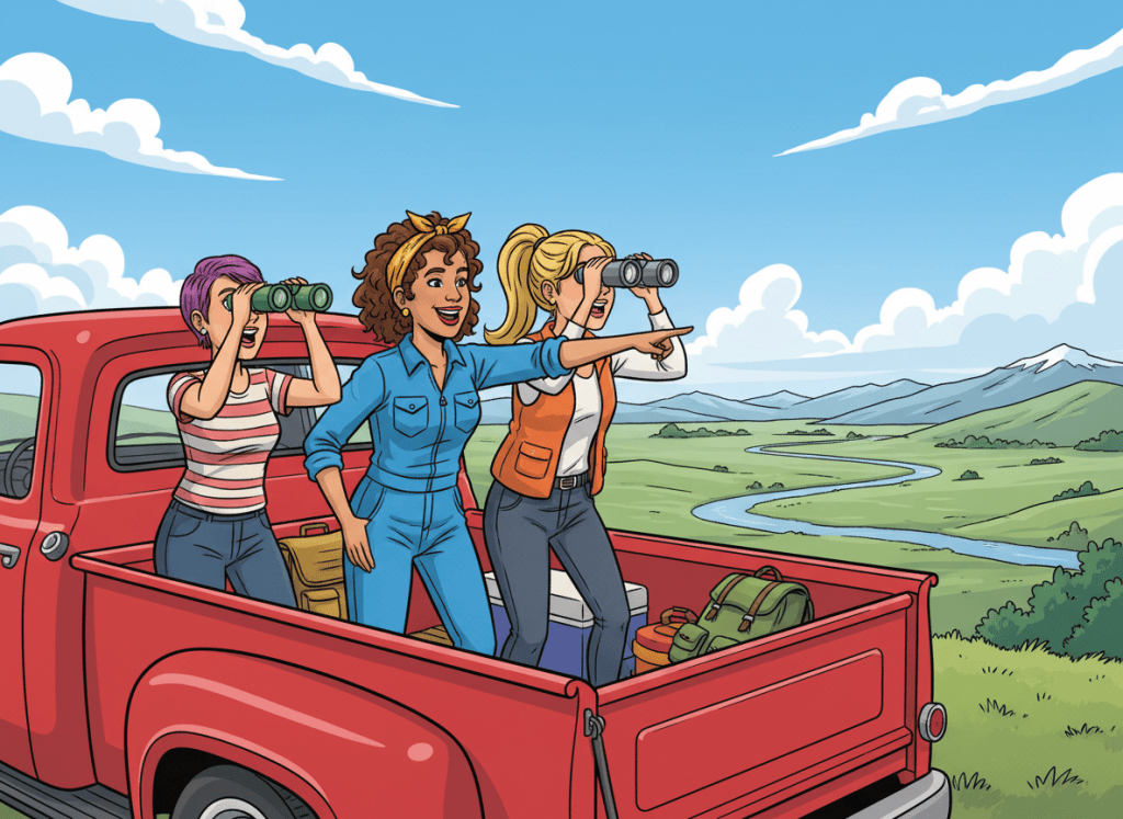 A cheerful cartoon illustration of three adult women friends standing safely in the open bed of a vintage pickup truck, all looking toward the same direction through binoculars. The woman in the middle is pointing dramatically in the exact direction they are looking. Clear, readable poses, playful expressive faces, colorful clean comic-book style, wide landscape composition, no text, no logos.