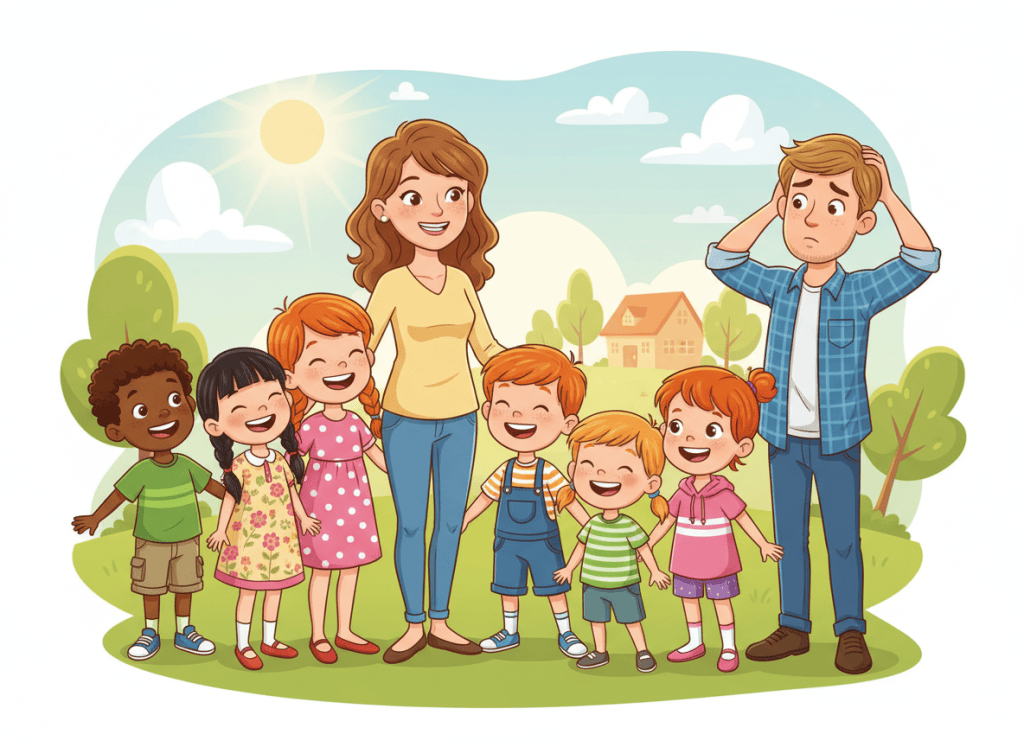 A warm, family-friendly cartoon illustration of a mother standing with her six children: four redheaded children, one Black child, and one Chinese child. The children stand together beside their mother, clearly showing all six children. Off to one side, the father looks at the family with a puzzled expression while scratching his head. Bright expressive cartoon style, full-body group composition, clear separation between every person, cheerful colors, no text.
