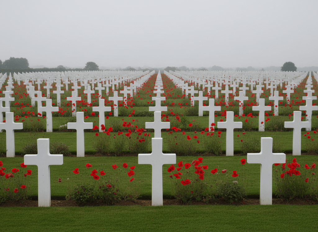 A photo-realistic, solemn military cemetery at dawn, with long rows of small simple white crosses receding into the distance across green grass. Bright red poppy flowers grow naturally between the crosses and along the rows. Soft overcast light, respectful memorial atmosphere, realistic photography, high detail, no people, no text, no flags or logos.