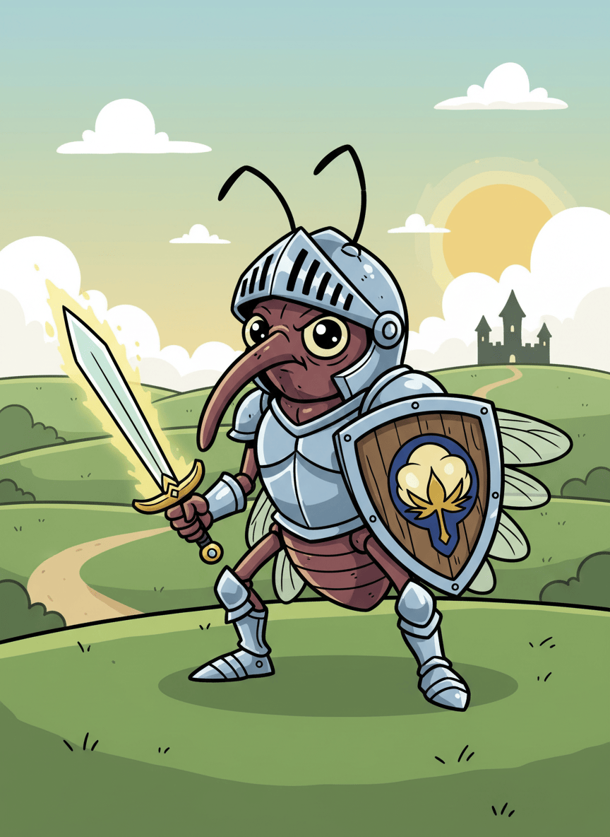 A charming cartoon Boll Weevil character dressed as a tiny heroic knight: polished armoured chestpiece, armoured helmet, sturdy shield in one hand and sword in the other. Expressive face, clear insect anatomy, whimsical fantasy adventure style, bold clean outlines, rich colors, dynamic heroic pose, simple storybook background, no text.