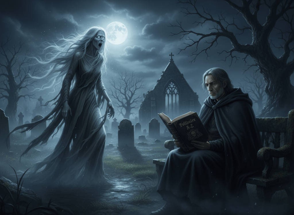 A photorealistic cinematic night scene: a ghostly Banshee moaning into the moonlit darkness, positioned prominently to one side, with flowing spectral hair and an eerie supernatural presence. Off to the side, a solitary man sits reading an old book. The book cover title must be clearly legible and exactly read: "Folklore A-Z". Dark gothic atmosphere, mist, dramatic moonlight, realistic textures, high detail, haunting but tasteful composition.