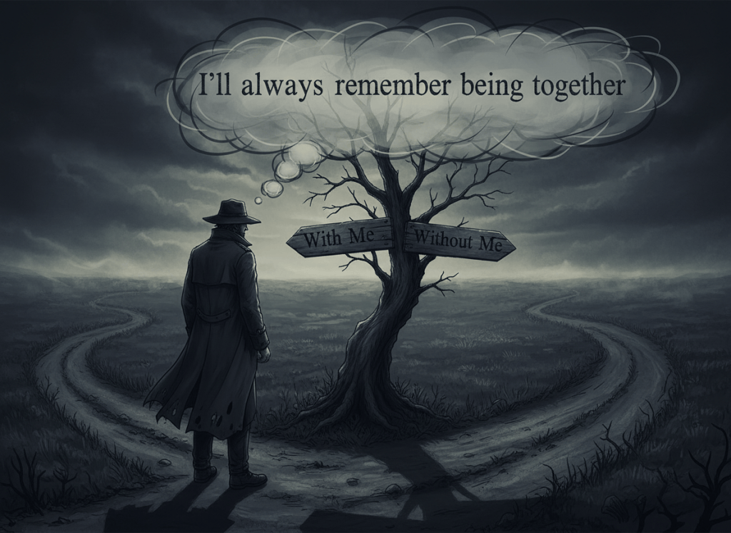 A dark, poetic, emotionally poignant editorial illustration: a solitary man standing before a fork in the road at dusk, seen from a cinematic three-quarter view. Two clear wooden road signs point in opposite directions: one reads exactly "With Me" and the other reads exactly "Without Me". Above the man's head is a clearly legible thought cloud containing exactly the text: "I'll alway remember being together". Moody gothic atmosphere, muted charcoal, slate blue, and faded sepia palette, dramatic low light, subtle mist, tasteful composition, readable typography, no extra words, no logos, no watermark.