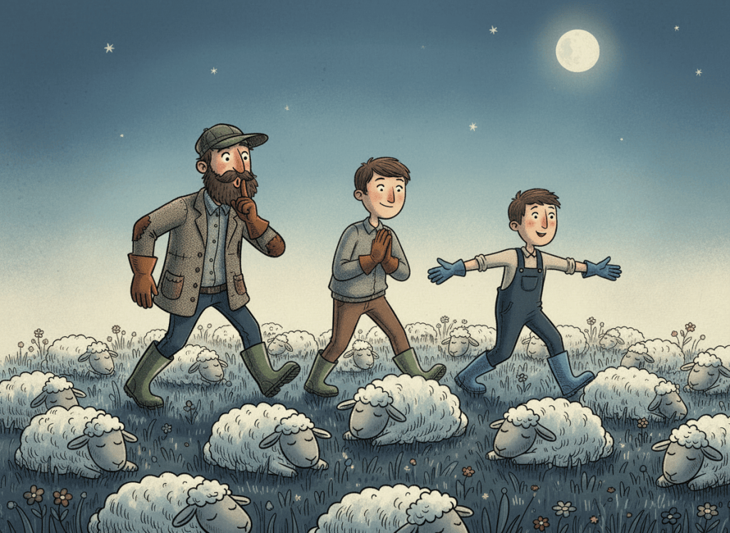 Edit the existing cartoon of three farmers tiptoeing quietly through sleeping sheep at night. Keep the same composition, characters, sleeping sheep, gloves, wellington boots, and the leader holding one finger to his lips warning the others to be quiet. Change only the middle figure so that the middle farmer is clearly male, while preserving the cartoon style and all other details.
