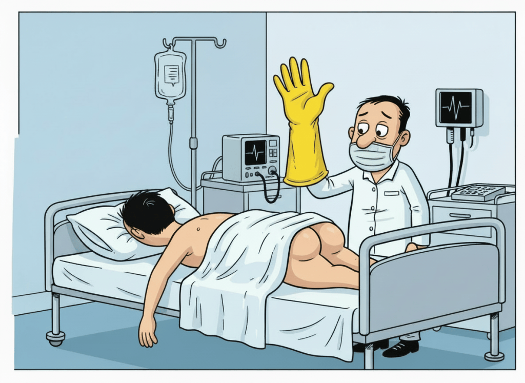 Edit this existing cartoon illustration. Keep the same scene and composition: a man lying face down on a hospital bed with a sheet suspended above his backside by a frame, and a masked doctor wearing one very large rubber glove extending past the elbow. Correct the anatomy by removing the extra arm on the same side: the man must have exactly two arms total, one natural arm on the left side and one natural arm on the right side, with no duplicate or extra arm. Preserve the humorous cartoon style and all other elements.