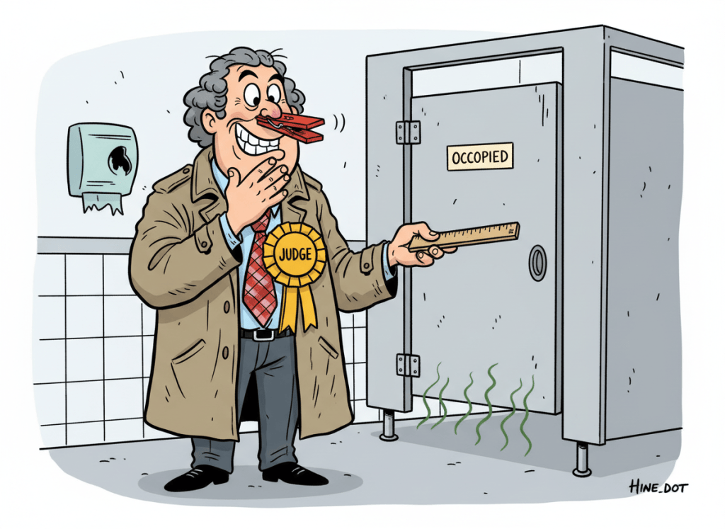 A humorous cartoon illustration of a man standing outside a toilet cubicle. He wears a rosette with the clearly legible word "Judge" in the center, a clothes peg clipped to his nose, and holds a 12-inch ruler in one hand. Playful editorial cartoon style, expressive pose, clean bold outlines, tasteful slapstick humour, no graphic bodily content, landscape composition.