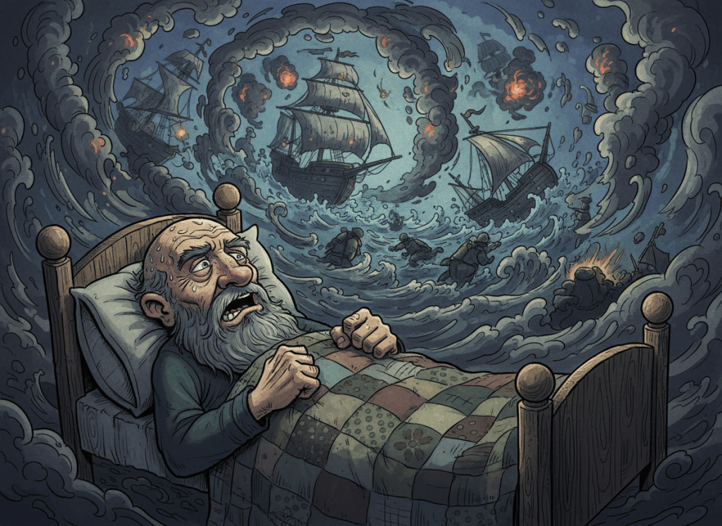 A dark, dramatic cartoon illustration of an old weathered sailor lying in a narrow bed, sweat-soaked and visibly tortured by nightmares. Ghostly, surreal battle imagery swirls above him: storm-tossed sailing ships, cannon smoke, distant explosions, and shadowy figures, conveying traumatic dreams without graphic gore. Moody gothic palette, expressive face, theatrical lighting, detailed storybook artwork.