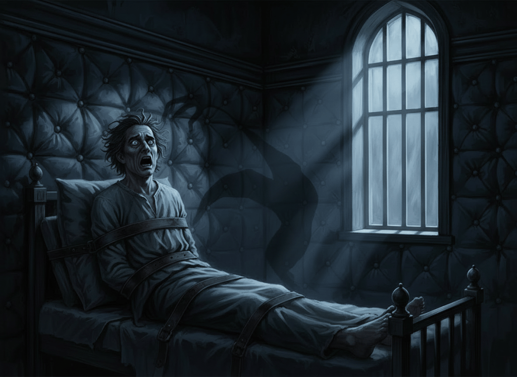 Edit the existing gothic asylum scene. Keep the man strapped to the bed, the padded room, the terrified expression, the high window, and the shadow forms exactly as they are. Remove any visible physical creature or creature body from the room entirely, leaving only the eerie creature-like shadows entering through the window and spreading across the walls. Do not remove or weaken the shadows. Preserve the dark gothic atmosphere.