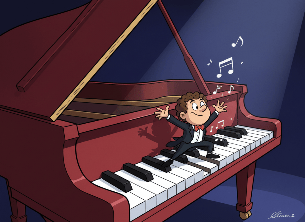 A whimsical cartoon illustration of a pianist who is exactly 12 inches tall, standing on the piano keyboard while playing the keys. Show the tiny pianist balancing confidently among the oversized black and white keys, with expressive comedic body language, a grand piano, theatrical lighting, clean bold cartoon linework, rich colors, and a playful storybook composition. No text or lettering.