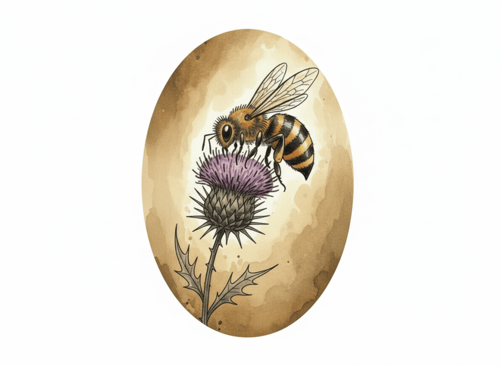 Edit the existing cartoon image of a single honeybee feeding from a flower. Remove all empty frames, panels, borders, and unused blank areas. Keep only one honeybee actively feeding from the flower, with a clean standalone cartoon composition.