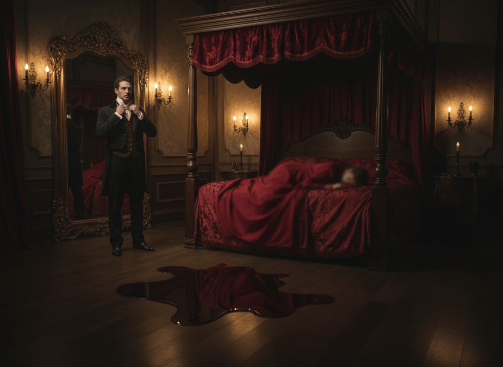 A photorealistic cinematic gothic interior: a Victorian gentleman in a dark formal suit straightening his shirt collar while facing a large ornate mirror. In the mirror's reflection, behind him, stands a four-poster bed with deep red bed covers. A deliberately blurred, indistinct figure lies face down on the bed, fully clothed in red, with no visible face, nudity, wounds, or graphic detail. A pool of dark red liquid is visible at the foot of the bed, suggestive and atmospheric rather than gory. Moody candlelit Victorian mansion bedroom, rich shadows, realistic textures, tasteful crime-noir composition, wide landscape framing.