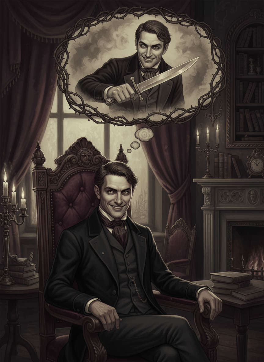 A dark Victorian gothic illustration of a well-dressed Victorian gentleman sitting in an ornate high-back chair. He smiles sinisterly at the viewer. Above him, a clearly defined thought cloud reveals his imagined memory: the same gentleman wielding a knife with a gleeful, menacing expression. Moody candlelit atmosphere, dramatic shadows, antique interior, literary gothic style, richly detailed, unsettling but non-graphic, no blood, no gore, no text.