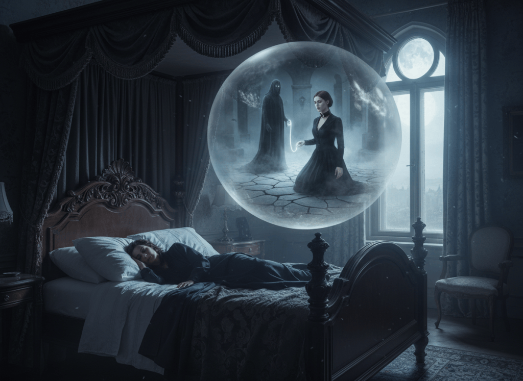 A photorealistic gothic surreal scene: an adult woman peacefully asleep in an ornate four-poster bed in a dim moonlit bedroom. Above her floats a soft dream balloon showing a symbolic dream scene in which the same adult woman kneels fully clothed in a dark, mysterious setting, wearing a simple collar while a translucent ghostly figure holds a spectral leash attached to it. Keep the imagery atmospheric, eerie, and non-graphic, with no nudity, no injury, and no explicit sexual content. Rich shadows, mist, Victorian gothic mood, cinematic composition.
