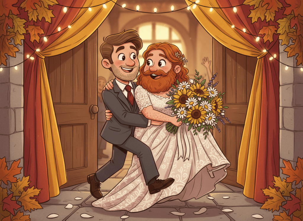 A whimsical cartoon illustration of a bridegroom joyfully carrying his bride across the threshold of a wedding venue. The bride has an obvious full beard and visibly hairy arms, while wearing a wedding dress and holding a bouquet. Playful, affectionate, celebratory, non-sexual scene, warm colors, expressive character design, polished editorial cartoon style.