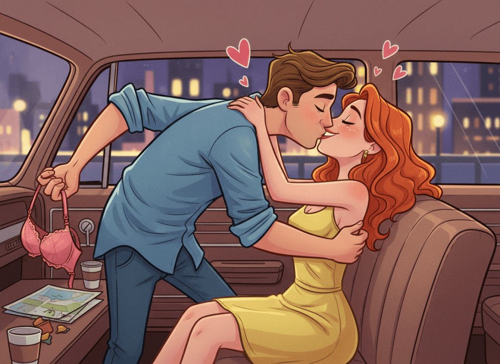 A tasteful cartoon illustration of an adult man and adult woman kissing passionately inside a parked car. The man playfully holds a woman's bra behind his back, clearly visible as a humorous romantic-comedy detail. Bright expressive cartoon style, fully clothed adults, non-explicit, playful mood.
