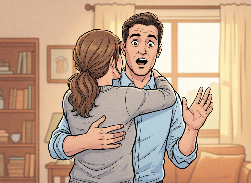 A tasteful cartoon illustration of an adult man hugging an adult woman. The woman is seen from behind with her back toward the viewer, while the man has a clearly surprised, startled expression on his face. Warm expressive body language, clean comic-style linework, appealing colors, non-sexual scene, no text.