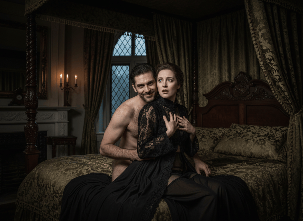 A photorealistic, atmospheric gothic portrait of two clearly adult Victorian lovers lying on a bed and embracing, each resting their head on the other's shoulder. The man is bare-chested and naturally hairy, with a sinister unsettling expression and faint grin. The woman is demurely dressed in an opaque, high-necked lace negligee, looking visibly shocked and alarmed. Victorian bedroom setting, dramatic candlelight, rich dark wood, antique linens, tasteful non-explicit composition, no nudity beyond the man's bare chest, cinematic realism.